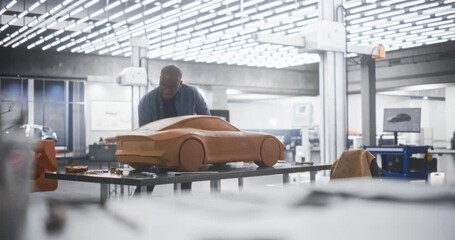 Wall Mural - African Automotive Designer Using a Spatula to Create a Prototype Car Out of Polymer Modeling Clay. Focused Black Modeler Working in a Research and Development Studio at a Vehicle Production Factory