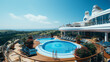 View of top deck of cruise ship with luxurious pools and spa facilities.