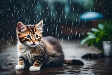 Sad Abandoned Hungry Kitten Sitting In The Street Under Rain. Dirty Little Stray Kitty Cat Outdoors. Pets Adoption, Shelter, Rescue, Help For Pets