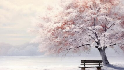 Wall Mural - A painting of a snow covered tree with a bench under it and a person sitting on a bench under the tree.. winter spring snow png like style - Created using AI Generative Technology