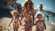 © alexkich - Cheerful young family running on the beach with copy space. Playful casual family enjoying.