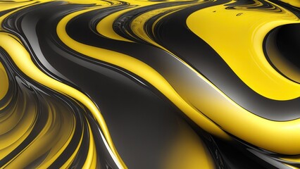Yellow and black colors 3d rendering of abstract wavy liquid background