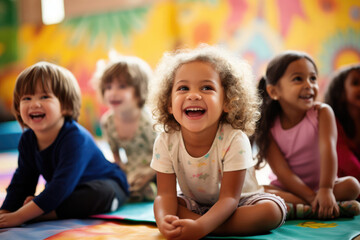 children laugh and learn yoga on colorful mats at daycare center