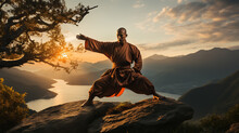 Bald Man In Traditional Clothes On Rock Pose And Meditating During Kung Fu Training In Mountain