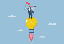Ideas Towards Goals, Innovation Or Creative New Thinking Encourages Business To Reach Goals, Male Businessman Holds Winner Flag Riding Light Bulb Idea Flying Into The Sky. Vector Design Illustration.