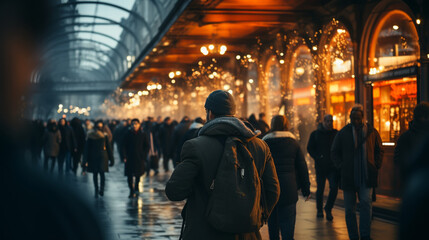 Wall Mural - people walking in the city street crowd at winter time