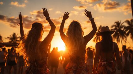 Group of happy young friends are having fun and embracing at sunset beach