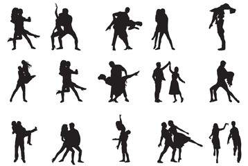 Poster - Collection of couple in different poses vector silhouette se. Silhouette of couple dancing on white background. 