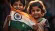 A boy and a girl holding the flag of India, generative AI