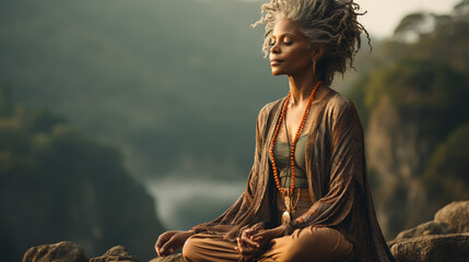 Wall Mural - Elderly woman meditating in the summer park