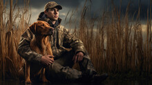 A Male Hunter And A German Shorthaired Pointer Dog Are Sitting In The Reeds By The Lake.