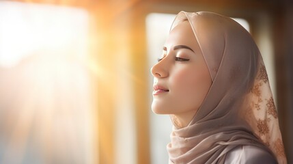a beautiful Muslim woman wearing a hijab, seen from the side praying to God, with a blurry background and sunlight in front of her, Ramadan greeting card, copy space - generative ai