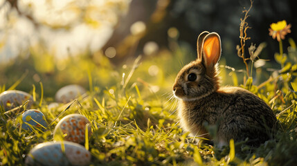 In the golden hour of dawn, a young rabbit sits amidst a field dotted with Easter eggs, the warm sunlight highlighting its delicate features and the vibrant life of the meadow around it.