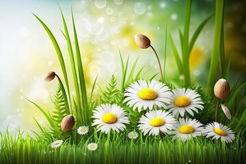 Spring bright light green meadow with daisies and grass