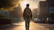Male high schooler walking on a sidewalk alone
