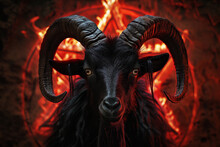 A black big horned goat back lit by a glowing fiery pentagram - black and red misty background - Esoteric black magic fantasy concept art - witchcraft and cultism - summoning the devil ritual 