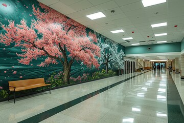 wall mural of cherry blossoms in an indoor corridor