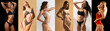 © Lustre Art Group  - Collage made of portraits of young beautiful tanned women wearing cotton underwear isolated over pastel colored background. Concept of natural beauty, wellness, wellbeing, fitness, diet, cosmetology.