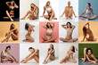 © Lustre Art Group  - Collage. Body-positivity. Young beautiful and tender women posing in lingerie against multicolored background. Concept of natural beauty, youth, body and health care, fashion. Copy space. Ad