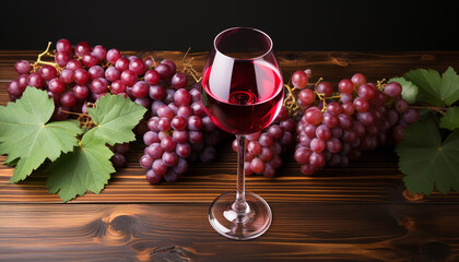 Sticker - Gourmet wineglass filled with fresh, ripe grape on rustic table generated by AI