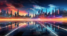 Ai, Network, Technology, Artificial Intelligence, Energy, Innovation, Future, Digital, Link, Tech. Abstract Futuristic Cityscape With Towering Skyscrapers And Neon Lights In The Blue Sky, Via AI Gen.
