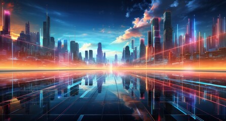 Wall Mural - ai, network, technology, artificial intelligence, energy, innovation, future, digital, link, tech. abstract futuristic cityscape with towering skyscrapers and neon lights in the blue sky, via AI gen.