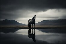 A Majestic Horse Near The Water's Edge, Its Image Mirrored In The Wet Sand, Creating A Reflective And Artistic Portrayal Of Its Presence At The Beac
