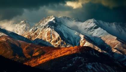 Wall Mural - Majestic mountain peak, snow covered landscape, panoramic beauty in nature generated by AI