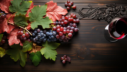 Wall Mural - Fresh grape leaves decorate the rustic wooden table in autumn generated by AI