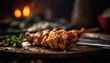 Grilled meat on fire, natural flame, heat, barbecue chicken skewer generated by AI