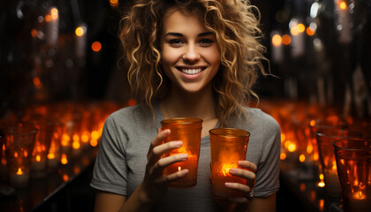 Poster - Smiling woman enjoys drink, celebrating happiness in illuminated winter night generated by AI