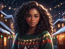 Winter. Houses Covered With Snow. Happy Holidays. Young Woman Against Christmas Night City. Curly Brunette Teen Girl In Green Red Christmas Sweater Against The Background Of Festive Lights. Xmas Decor