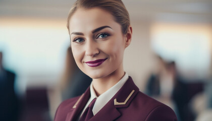 Poster - Confident businesswoman standing in office, smiling with expertise and success generated by AI