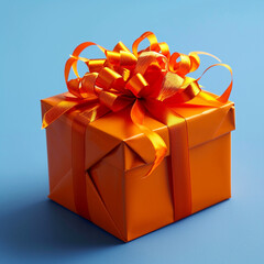 Wall Mural - Orange gift box with bow and ribbons on blue background, ai technology