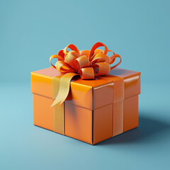 Wall Mural - Orange gift box with bow and ribbons on blue background, ai technology