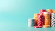 stack of casino chips on isolated pastel background Copy space. 
