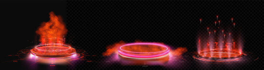 Wall Mural - Futuristic podium red light portal effect isolated on transparent background. Abstract Digital Fire Rings and Particles on a Futuristic Interface Background. Realistic teleportation portal. Vector
