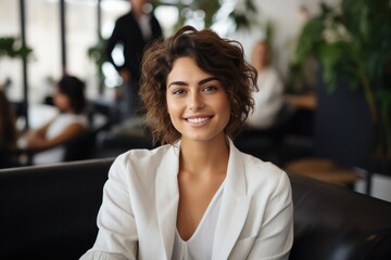 portrait, business, businesswoman, office, opportunity, co-worker, working space, leadership, smile, elegance. portrait image is close up businesswoman at working space. behind have office asset.