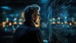 © Garun Studios - technology, computer, cyber, hacker, futuristic, network, code, coding, security, artificial intelligence. a engineer look at electric circuit board HUD. find something bug or error to fix and edit it