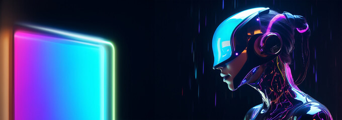 Artificial intelligence or robot with human face. AI with cyber body in abstract digital world with neural network. Portrait of young cyber robot with glowing neon