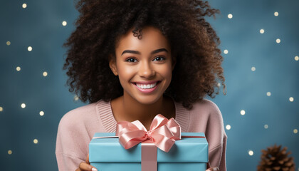 Wall Mural - Smiling African woman holding gift box, celebrating birthday with joy generated by AI