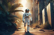 An astronaut from the future walks through a city in ruins after a catastrophe