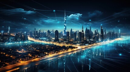 Wall Mural - connection, digital, network, technology, communication, energy, line, wireless, connect, innovation. global media link connecting on night city background, internet, 5G communication. generate via AI