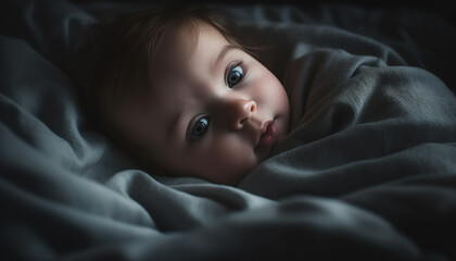 Poster - Cute Caucasian baby boy lying down on soft blue blanket generated by AI