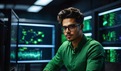 Illustration Of IT Specialist Works on Personal Computer with Screens Showing Software Program with Coding Language Interface.