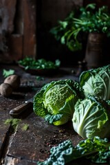 Wall Mural - Different sort of cabbage on dark background