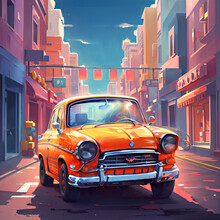 Vector Illustration Of An Orange Classic Car Driving On A City Highway