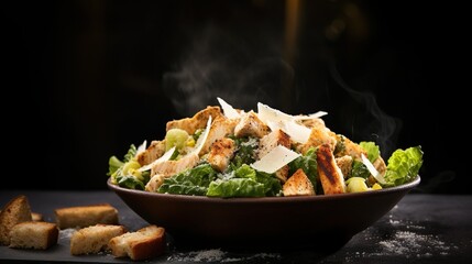 Wall Mural - Classic healthy grilled chicken caesar salad with cheese, tomatoes, and croutons on wooden table over dark background. Serving fancy food in a restaurant.