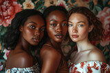 Multi Ethnic Group of three Women with diffrent types of skin together and looking on camera. Diverse ethnicity women - Caucasian, African and Asian posing and smiling against floral background