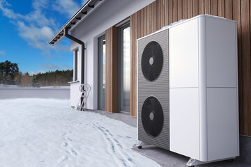 Wall Mural - Air heat pump in winter, 3D illustration